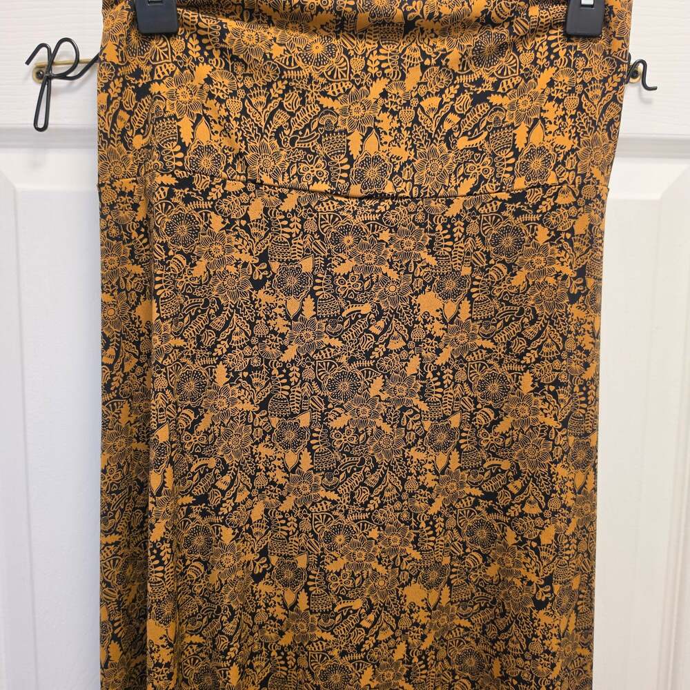 Lularoe 3XL Navy and Gold Autumn Print Maxi Skirt